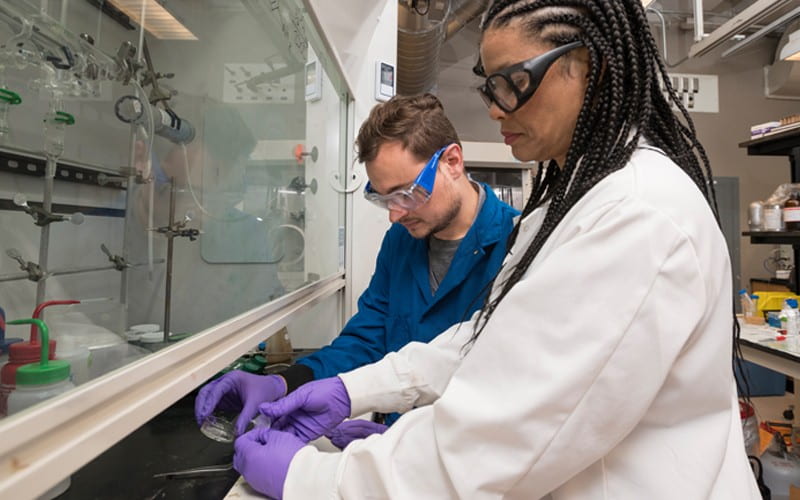 In a photograph taken before the coronavirus pandemic necessitated social distancing, doctoral student Chase Thompson (left) is mentored by Prof. LaShanda Korley.